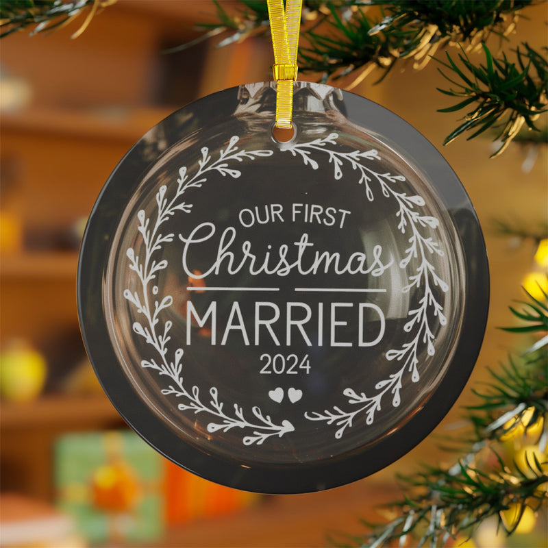 Our First Christmas Married 2024 Glass Ornaments, Best Gift For Couple