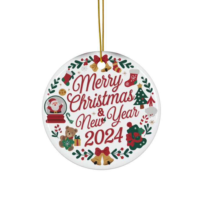 Merry Christmas and Happy New Year 2024, Ceramic Ornament, 4 Shapes