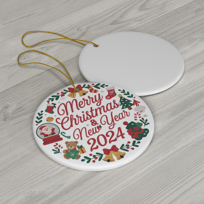 Merry Christmas and Happy New Year 2024, Ceramic Ornament, 4 Shapes