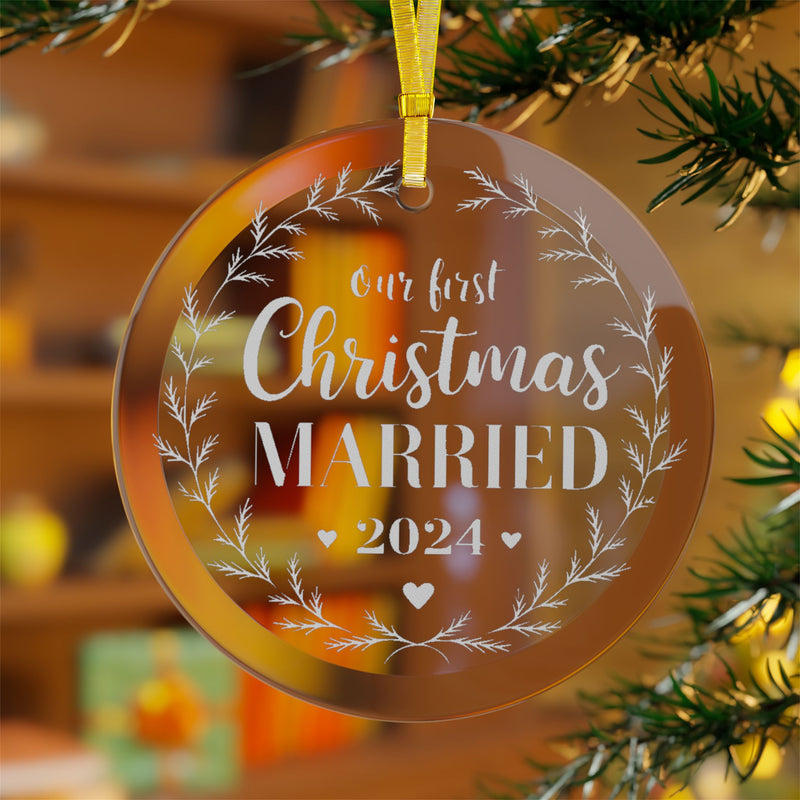 Our First Christmas Married 2024 Glass Ornaments, Beautiful Gift For Couple